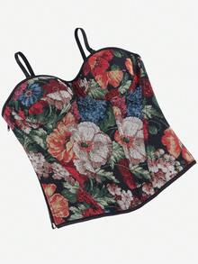 花卉印花紧身胸衣上衣，可调节肩带，塑身紧腰短款上衣，适合女士，适合派对和晚装 - 彩色 - 查看 3