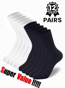 12 pares de meias brancas femininas de cano médio, confortáveis e modernas, adequadas para uso diário, esportivo e casual, podem ser usadas o ano todo.