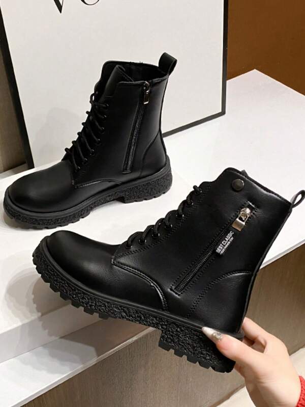 Botas con diseño de cremallera lateral con decoración de cordones, forro cómodo, suela de goma antideslizante gruesa, adecuadas para salidas casuales en otoño/invierno