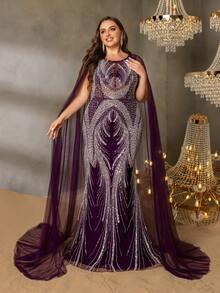 Faeriesty 优雅大码圆领及地透视长袖晚礼服 | 后系带设计，夸张鱼尾下摆，凸显曲线的女士正装 | 非常适合出席正式晚会、红毯活动、奢华婚礼、盛大歌剧之夜和高调慈善活动 - 紫色 - 查看 1