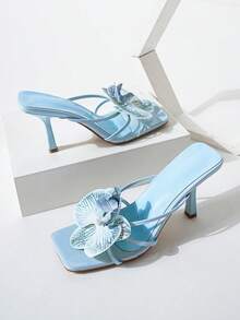 Elegant Square Toe Open Toe High Heel White Women's Sandals Pink 3D Floral Decor Stiletto High Heel Sandals, Suitable For Outdoor Travel And Party Wear