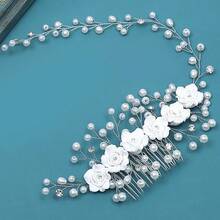手工花卉珍珠发夹新娘头饰配饰欧美跨界风白玫瑰发饰 - 銀色 - 查看 1