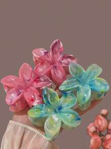 4pcs/1pc Ladies 7.8cm/3.07in Pink Blue Green Red Gradient Color Large Flower-Shaped Hair Clip Fashionable, Versatile, High-End And Elegant Temperament Simple Minimalist Hair Claw Hair Accessories Suitable For Daily Leisure Party Commuting Vacation Hair Wash Face Bath Makeup Match Clothes Use Accessories Headgear Accessories, Beach Accessories, Claw Clip