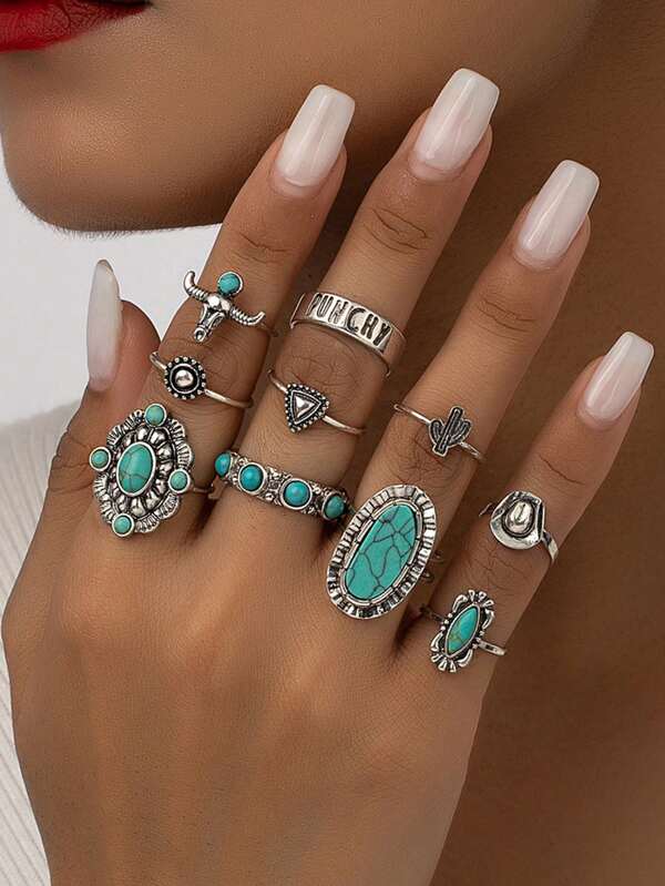 Set di 10 anelli impilati con decorazione in pietra turchese stile occidentale, perfetto come regalo di compleanno per le donne