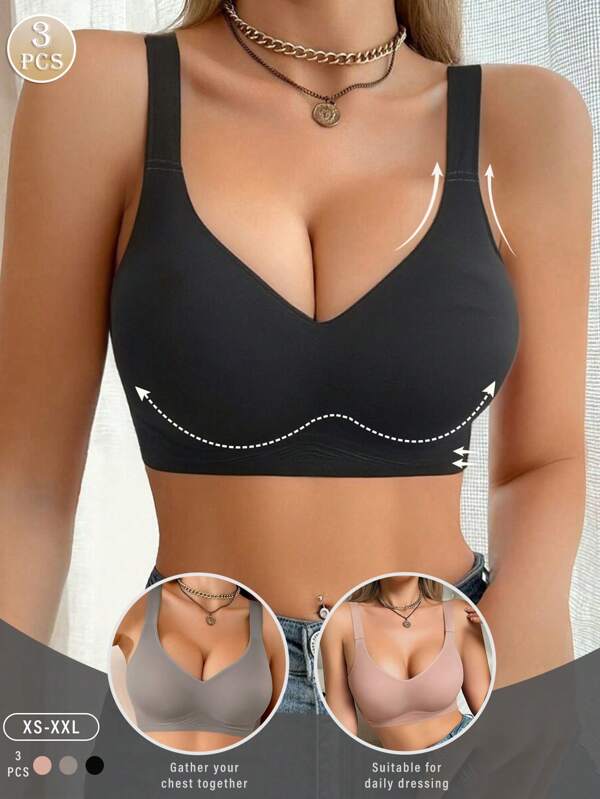 3pcs Women's Bras, Shaping & Lifting, Soft & Breathable Fabric Bra, Casual & Comfortable Lingerie