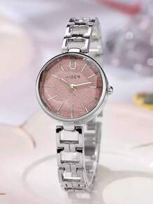 1 pieza Reloj de mujer con cara de diamante redonda, elegante y de moda. Correa de cadena de aleación versátil de acero. Reloj de cuarzo adecuado para fiestas, bodas y uso diario, el mejor conjunto de regalo para mujeres.