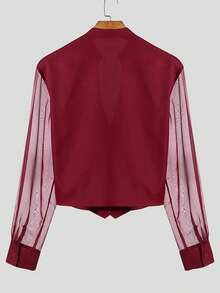 INCERUN Fashion Men Deep V-Neck Buttons Long Sleeve Mesh Sheer Patchwork Casual Tops Party Club Shirt Blouse - 紅色 - 查看 4