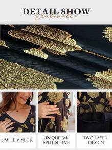 CheersLife Women Ruffle 3/4 Sleeve V Neck Double Layers Mesh Blouses Loose Fit Flowy Tunic Tops - Black and Gold - View 4