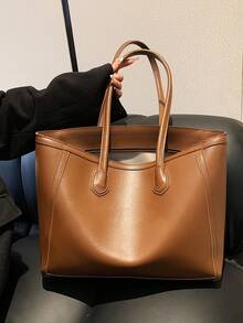 Women's Plain Large Capacity Tote Bag, Suitable For Daily Commute In Autumn/Winter - Brown - View 6