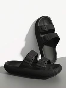 Unisex Plain Color Buckle Open Toe Sandals, Breathable, Non-Slip, Durable EVA Sole, Adjustable Strap, Comfortable Thick Bottom Shoes - Suitable For Indoor & Outdoor Use - Black - View 4