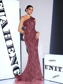 UNITHORSE [Random Cut] Women's Elegant High Workmanship Sequin One-Shoulder Asymmetrical Short Sleevess Slim-Fitting Ball Gown Evening Dress, Bride Dress, Birthday Women Outfits, Graduation Dress, Formal Dress, School Clothes - Màu đỏ tím - Xem 4