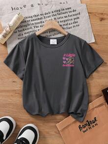 年轻女孩休闲口号心形印花短袖T恤，夏季 - 深灰色 - 查看 2