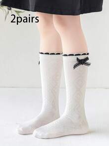 2双公主风荷叶边蝴蝶结装饰图案女童过膝袜 - 白色 - 查看 9