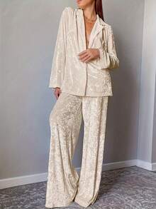 2pcs/Set Women's Thick Velvet Long Sleeve Top & Long Pant Pajamas Set, New Autumn/Winter Gold Velvet Loungewear, Fall Clothes - Yellow - View 3