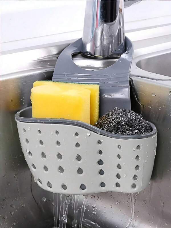 1 set Panier de rangement pour évier + 9 pièces éponges, avec boîte de rangement en silicone, support de panier de drainage réglable, support d'éponge, panier de rangement pour robinet, sac de rangement de cuisine, convient pour ranger les éponges et les torchons de cuisine