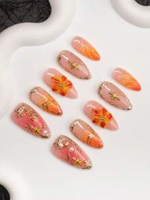 Spring/Summer Almond-Shaped Handcraft False Nails, Y2K Baddie Style, Available In Nude, Orange, Pink, Coral Colors. Handmade With Floral Carving, Asymmetrical Metallic Liquid, Stars, Pearls, Tie Dye Gradient Elements. Suitable For Women And Girls, Shiny Nails. 10 Pieces/Set, 3 Size Options. Perfect For Parties, Occasions, Daily Wear. Includes Tools, Great Gift For Ladies And Girls.