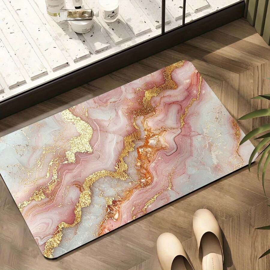 Super Absorbent Diatomite Bath Mat, Anti-Slip, Quick-Drying Carpet 1pc - Pink Marble, Super Absorbent Diatomaceous Earth Bath Mat - Non-Slip, Quick-Drying Rug, Suitable For Bathroom, Kitchen, And Living Room, A Personal Care Essential. - Black - View 1