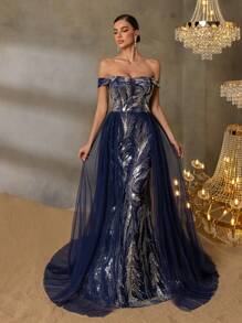 Women's One-Shoulder Sequin-Embellished Evening Gown With Back Tie-Up Closure & Sheer Organza Draping – Elegant Mermaid Silhouette Formal Dress For Gala Dinners, Red Carpet Events, Luxury Weddings, Opera Performances, And Black-Tie Ceremonies