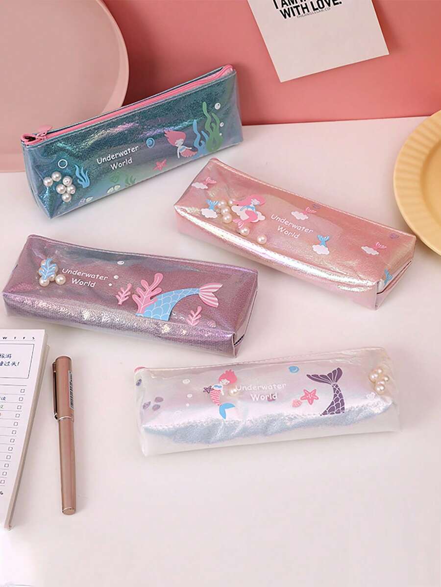 1 件装返校彩色卡通美人鱼印花铅笔盒，可爱女孩文具袋，适合随身携带 - 彩色 - 查看 1