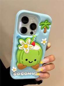 Summer Beach Fresh Coconut Tree 3D Stand Phone Case Compatible With IPhone 16 ProMax, Apple 15, Silicone Soft Shell Creative Cute Anti-Drop Protective Cover Compatible With IPhone 13 ProMax/14 - Màu vàng - Xem 9