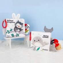 1pc Black & White & Grey Sea Animals Printed Fabric Book, Sponge Filling Soft Touch Baby Book, Suitable For Ages 0-6 Months, 3d High Contrast Soft Cloth Book, Washable Infant Early Educational Book