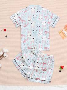 Set de 2 piezas de pijama de niña con estampado de conejo, cuello vuelto, botones y manga corta, short - Ropa de casa cómoda y casual