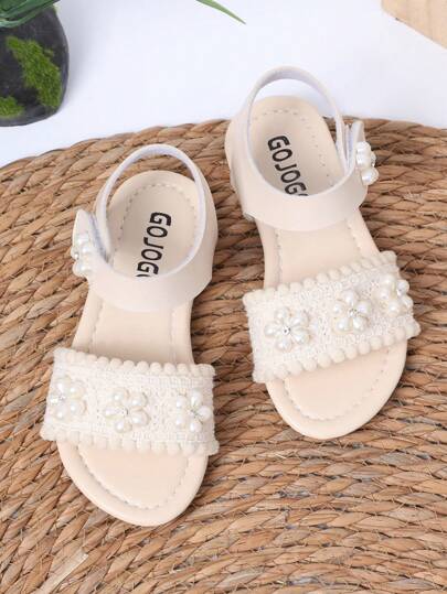 Sandalias planas para niñas con parte superior tejida, decoración de flor pentagonal, cierre de , sandalias blancas de princesa