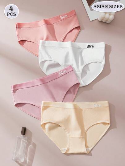 4件纯色女士三角裤字母松紧带可爱甜美开学学生装亲肤白内裤紫色短裤砖红色内裤舒适日常穿着优雅性感内衣度假基础款性感女士内裤