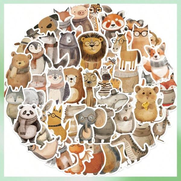 50pcs Cute Hand-Drawn Animal Sticker Set, Suitable For DIY, Luggage, Scrapbooking - Asymmetrical Shapes Including Elephant, Lion, Panda, Etc.