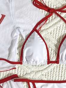 4pcs Women High Elasticity Cherry Pattern Cute Lace-Up Bikini Swimsuit, Sweet Fruit Design Beach Swimwear Holiday Party Summer Resort