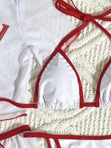 4pcs Women High Elasticity Cherry Pattern Cute Lace-Up Bikini Swimsuit, Sweet Fruit Design Beach Swimwear Holiday Party Summer Resort