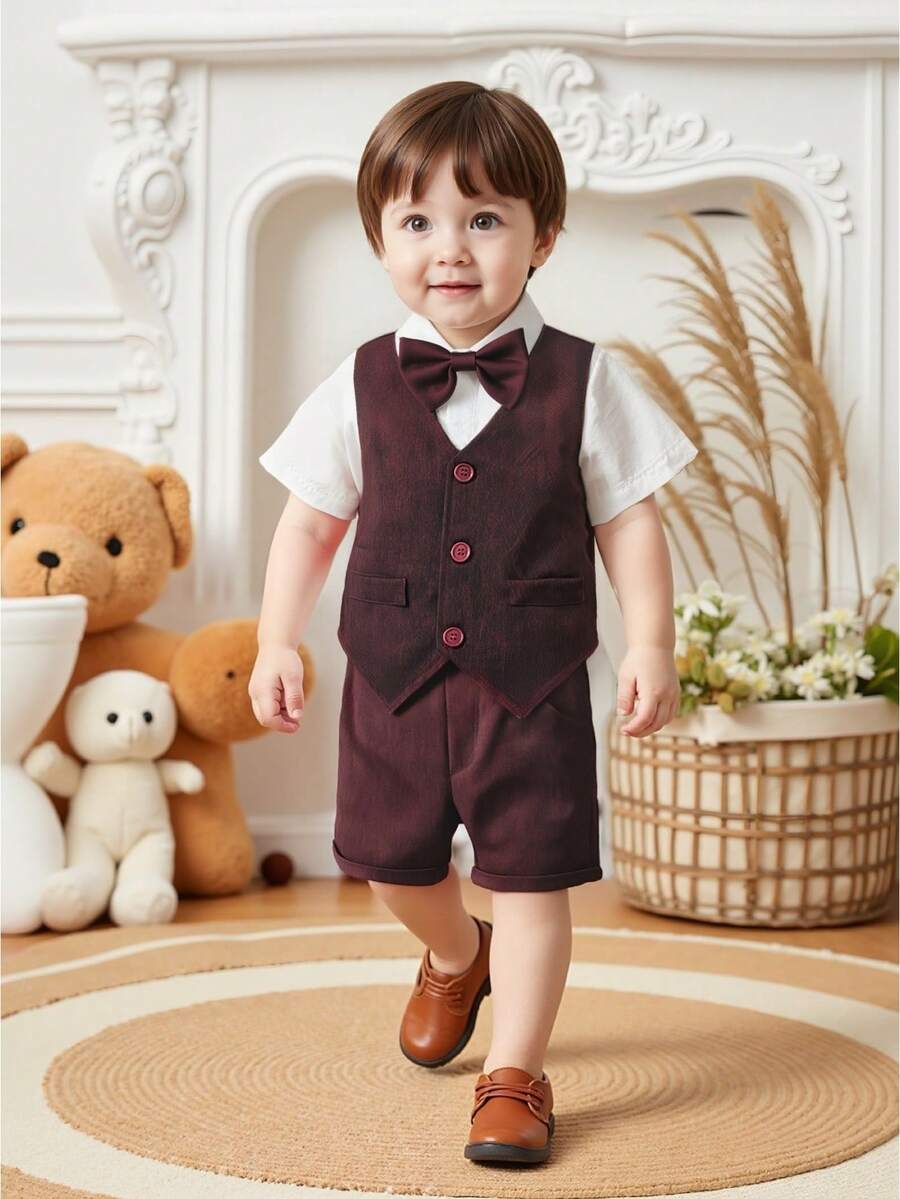 3pcs Young Boys Outfit Set, Including Bow Tie Shirt, Vest And Adjustable Suspender Shorts, Suitable For Occasions, Parties, Formal Events, Weddings, Christenings, Ceremonies, Back To School, Birthdays, For Infants 1 Month To 2 Years Old And Toddlers 3-7 Years Old - Burgundy - View 1