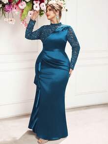 Robe de soirée de bal de promo, robe de mariée, robe de Saint-Valentin, robe de bal de promo, pour festival, remise des diplômes, dîner, avec volants en satin, dentelle à fleurs pailletée et ourlet fendu