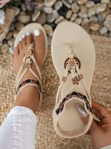 Dép đế bằng phong cách Bohemian thời trang dành cho nữ, dép xỏ ngón đa năng, thích hợp cho đám cưới, tiệc tùng, ngoài trời, bãi biển - Màu be - Xem 2