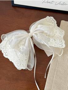 1 件纯色网状涤纶（聚酯纤维）蕾丝大蝴蝶结发夹 | 优雅后脑勺马尾发夹 | 蓬松弹簧夹，打造童话发型，发饰，爪夹，发夹，发夹，发夹 - 彩色 - 查看 5