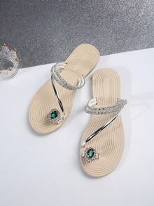 波西米亚水晶装饰女士平底凉鞋，春夏穿搭 - 銀色 - 查看 5