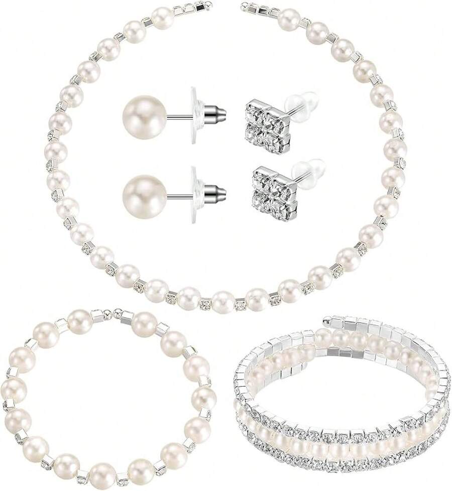 Glenmal Pearl Rhinestone Jewelry Set For Women Pearl Necklace Bracelet Earrings For Wedding Birthday Bridal Shower Tea Party - 迷人風格 - 查看 1