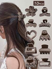 10个棕色哑光发爪，多功能发饰，小巧精致，简约风格，适合度假、海滩等场合。可用于盘发造型，也适合日常休闲外出，四季皆宜，是理想的发饰套装，也是女性的必备配饰，尤其适合返校季。花朵发夹，优雅别致。 - 棕色 - 查看 3