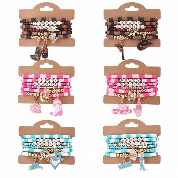 Set de 6 brazaletes de arcilla blanda con temática del oeste vaquera, estilo bohemio