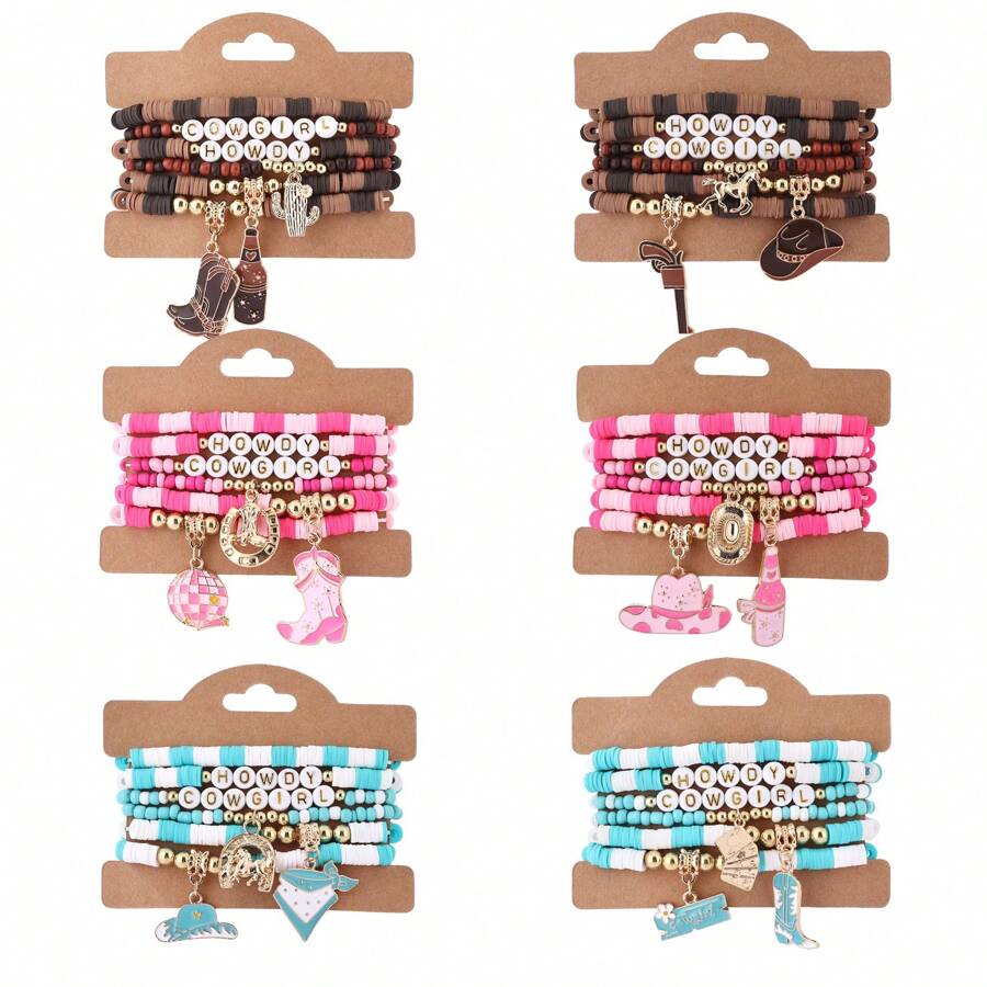 6pcs Set Western Cowgirl Themed Soft Clay Bracelets, Bohemian Style