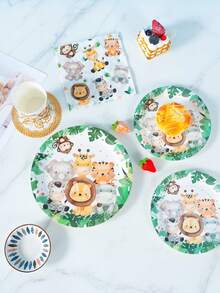100 件丛林动物主题一次性餐具套装，包括盘子、餐巾和杯子，适合 25 位客人，一次性纸盘派对用品，适合生日、婚礼、派对、家庭野餐 - 彩色 - 查看 4