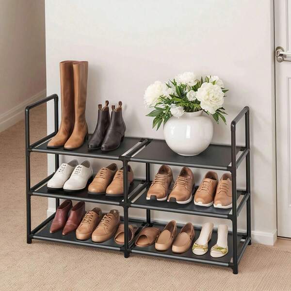 Erweiterbares Schuhgestell für 12 Paar, 3-stöckiges bodenstehende Schuhregal Organisator mit stapelbarem Design, robuster Stahlrahmen, kompakte Schuhaufbewahrung für kleine Räume Zuhause und Büro (Schwarz)