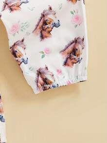 Conjunto de 3 piezas de pantalones para niñas pequeñas, mameluco de manga larga con estampado de letras y pantalones con estampado de caballos y botas, conjuntos de diadema - Caqui - Ver 8