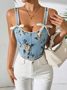 1pc New Design Printed Fashion Spaghetti Strap Backless Bow Tie Detail Crop Corset Top, Elegant - Màu xanh lam - Xem 4