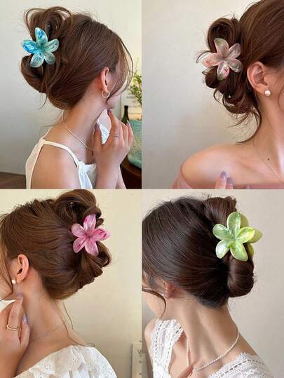 4个/1个 女士 7.8厘米/3.07英寸 粉蓝绿红渐变色大花朵发夹 时尚百搭 高端优雅 简约发爪发饰 适合日常休闲 聚会 通勤 度假 洗头 化妆 搭配服装 头饰 沙滩配饰 发爪夹 秋冬夏季