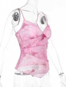 Elegant Women's Pink Floral Wrap Cami Top, Semi-Sheer Cropped Design With Asymmetrical Hem And Lettuce Trim Details, High Stretch Knitted Fabric