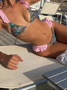 Women's Floral Print 2 Piece Bikini Sets Ruffle Tie Back Padded Bra Triangle Thong Bottoms Bathing Suit Swimsuits Summer Vacation Beachwear For Teen Girls - 綠色 - 查看 4