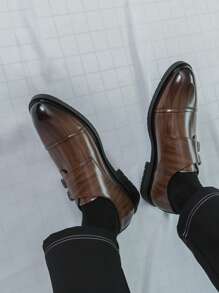 Men's Retro Double Breasted Wingtip Dress Shoes With Square Toe, Fashionable Casual Wedding Shoes