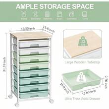 Rolling Storage Cart With Drawers,Utility Cart With 8 Drawers And Wooden Tabletop,Rolling Drawer Cart,Storage Drawer Cart For Living Room,Classroom,Bedroom,Bathroom,Dorm,Office,White
