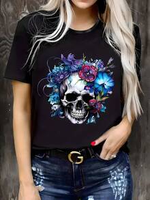 Camiseta de algodón con estampado casual de moda para mujer - Negro - Ver 1